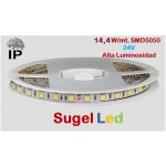 Tira LED 5 mts Flexible 24V 72W 300 Led SMD 5050 IP54 Blanco Cálido Alta Luminosidad